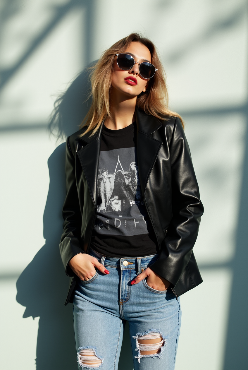 Woman leaning against wall in sunglasses
