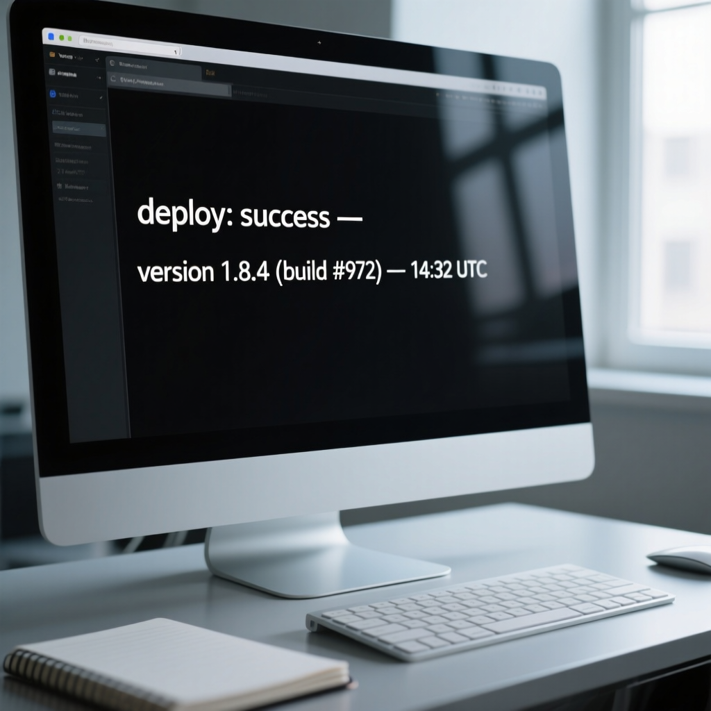 “Minimalist desktop scene with a high-contrast computer terminal window in focus. The monospace text displayed reads ‘deploy: success — version 1.8.4 (build #972) — 14:32 UTC’ on a matte black background, with precise glyph rendering and even line height. Razor-sharp antialiasing, accurate punctuation and numerals, subtle screen bloom. Cool daylight from a nearby window; keyboard and notebook softly blurred. Realistic tech product photography, 8K clarity.”
