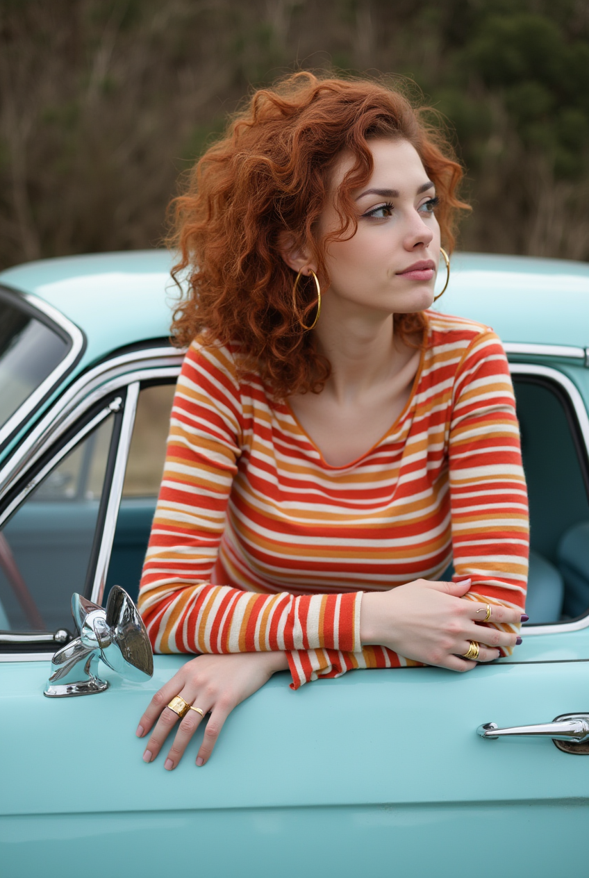 Young woman by vintage car