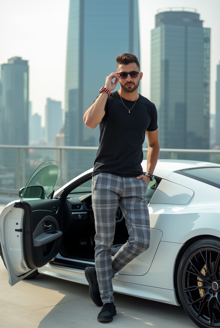 Homem estiloso com Audi R8 branco