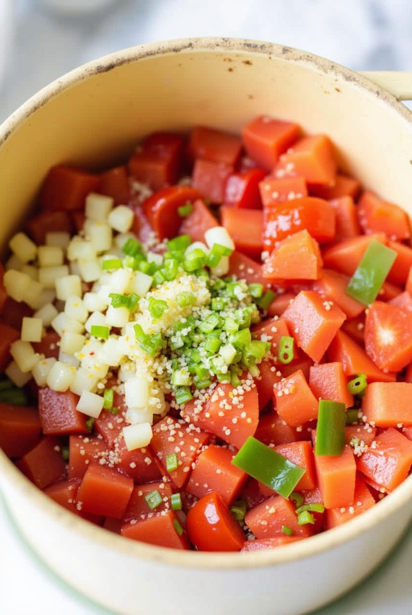 Triturando tomates, pimiento, pepino, cebolla y ajo en una batidora de vaso para hacer gazpacho andaluz
