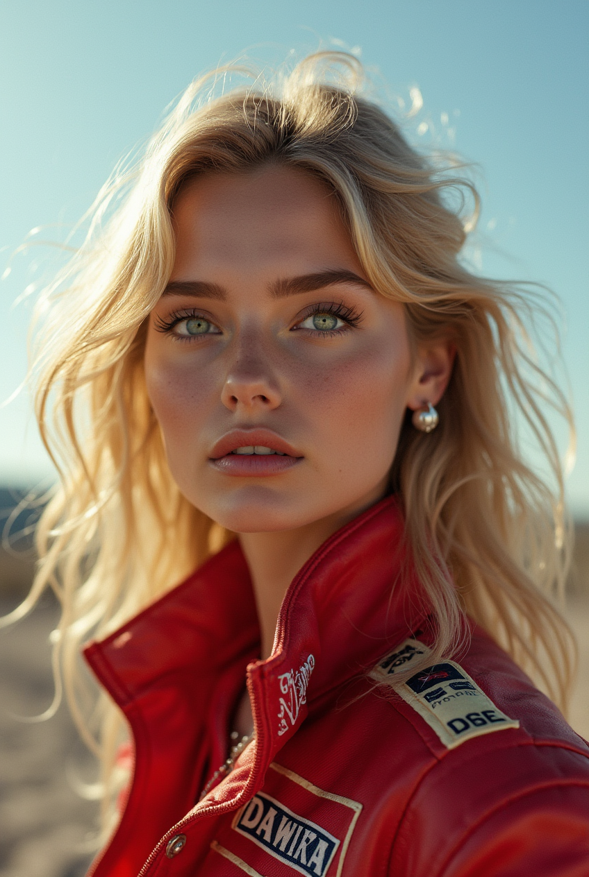 Woman in a vibrant red racing jacket