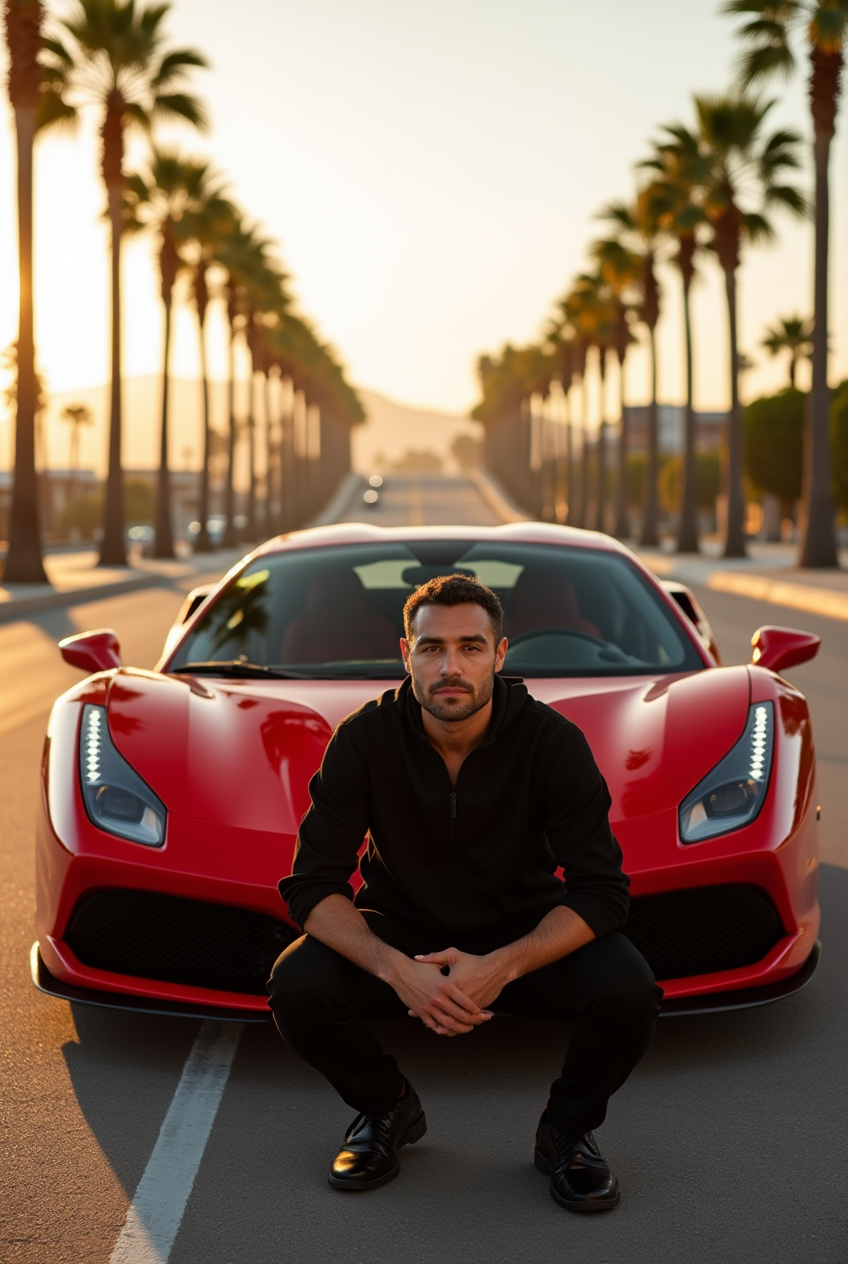 Homem agachado com Ferrari 488 Pista vermelha em LA