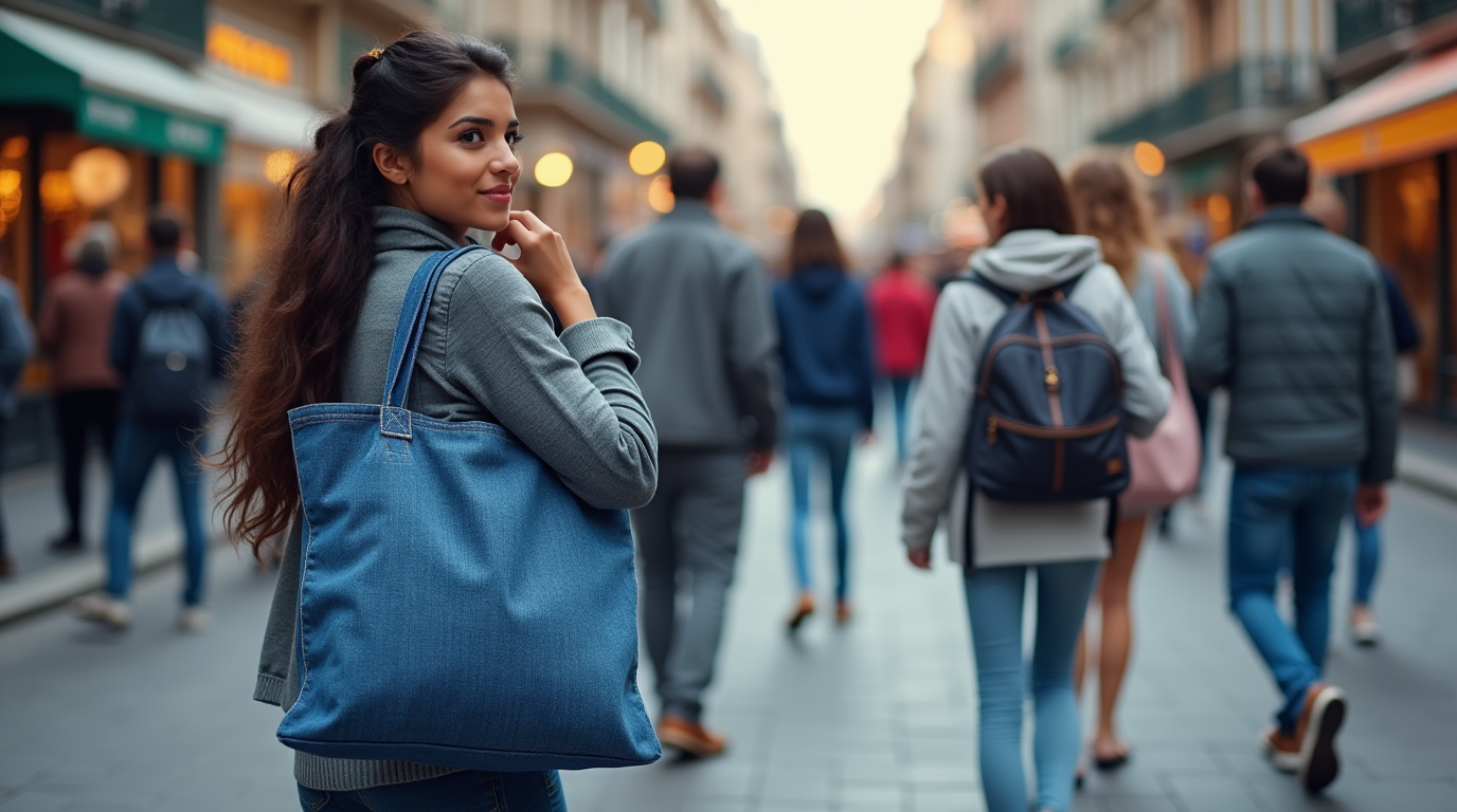 A person proudly carrying a recycled denim tote bag through a vibrant city street, with subtle text in the background reading ‘Make the Switch to Sustainability.’ The denim bag’s unique design and eco-conscious label stand out. Surrounding them are other people with generic, traditional bags, blending into the crowd. The scene emphasizes individuality and sustainability."