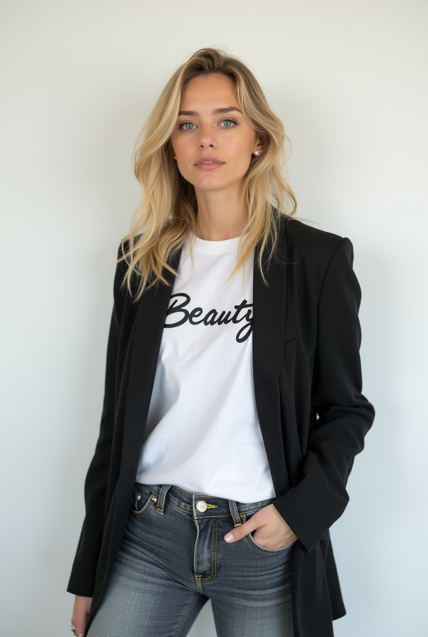Woman in white t-shirt and black blazer