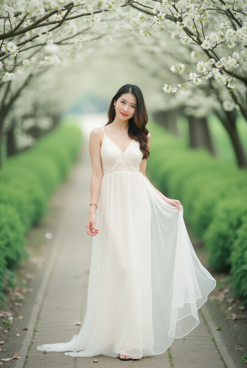 Woman in a flowing dress surrounded by flowering trees