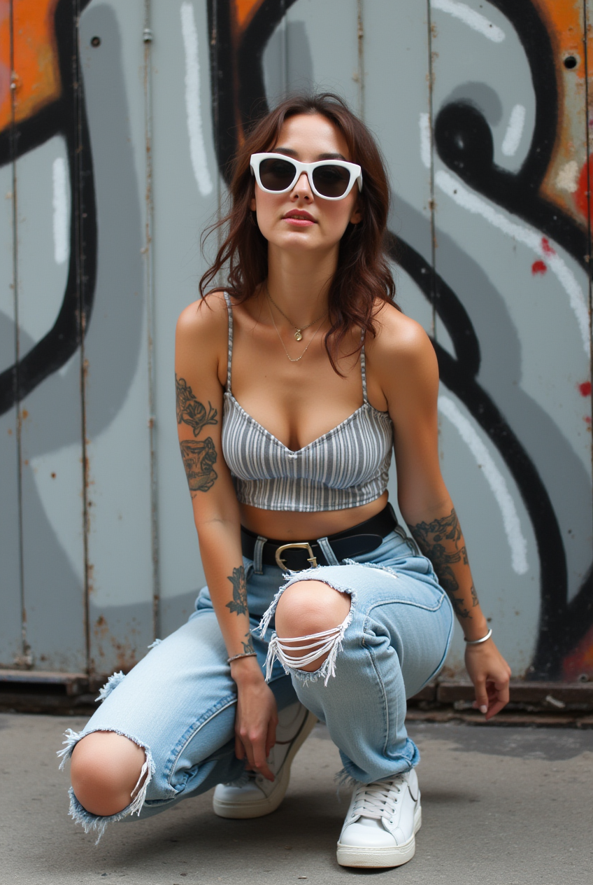 Young woman posing in front of graffiti-covered metal door