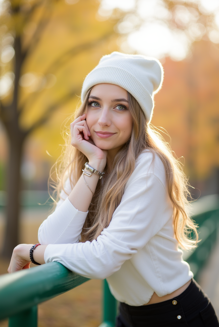 Woman in autumnal setting leaning on a railing