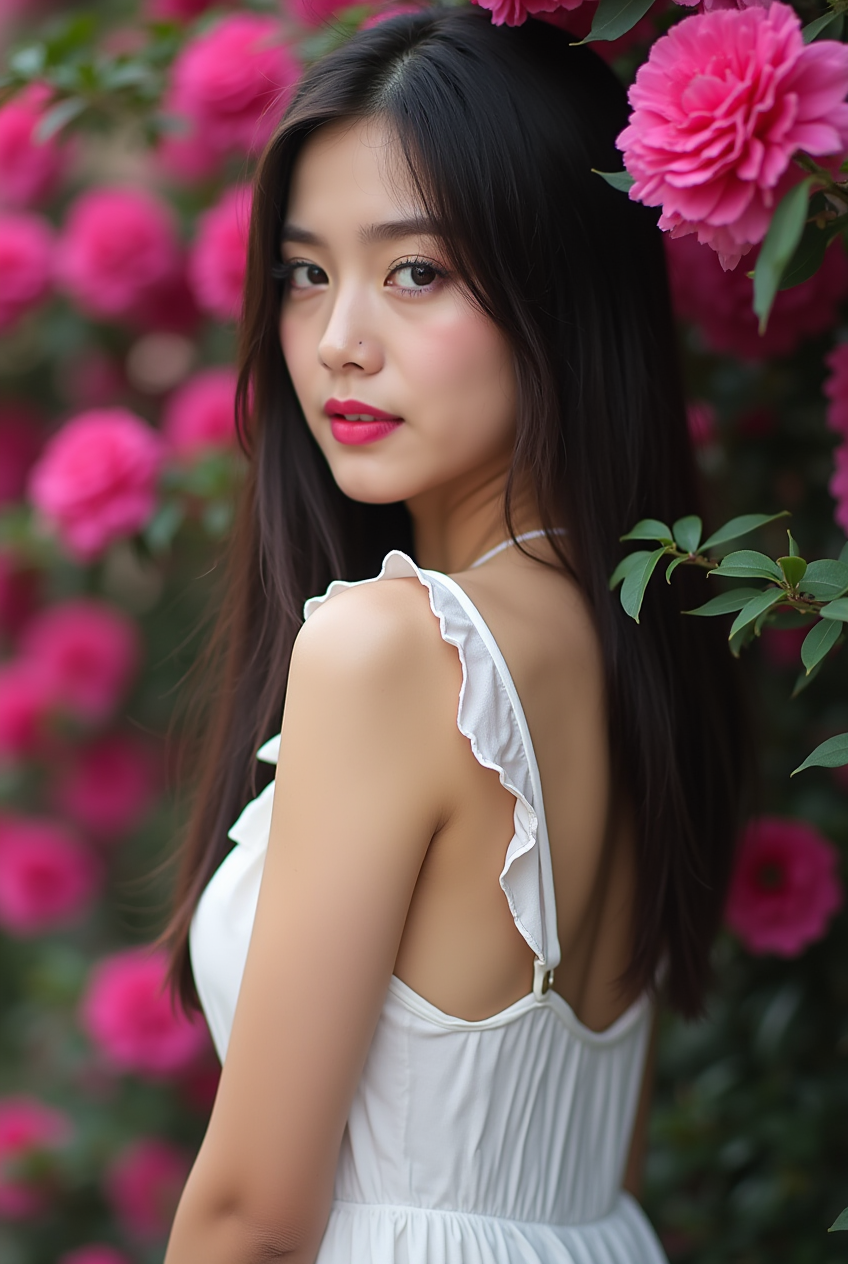 Young woman in white tank top with pink flowers background
