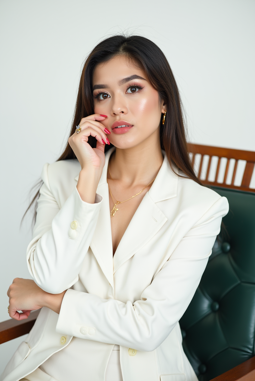 Woman in white suit with heterochromia
