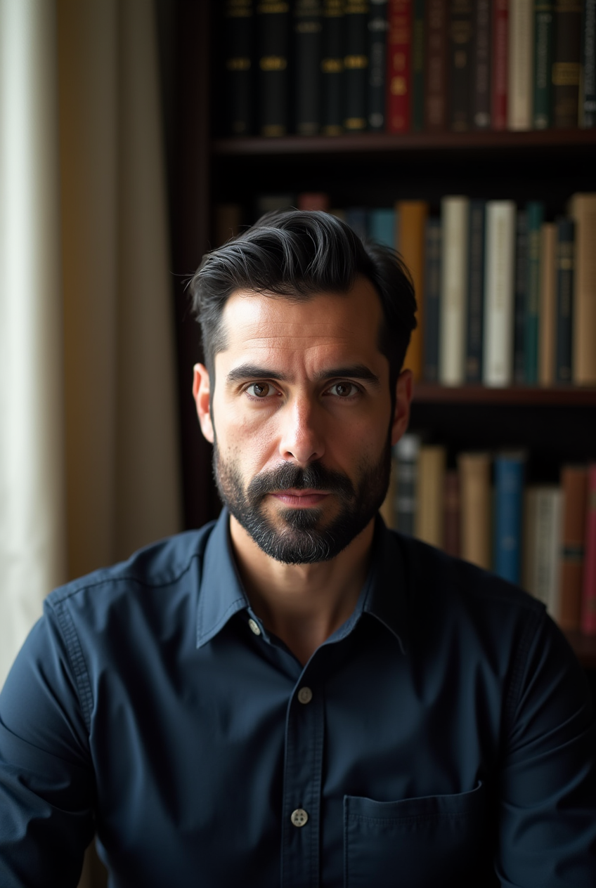 Retrato de homem com camisa azul