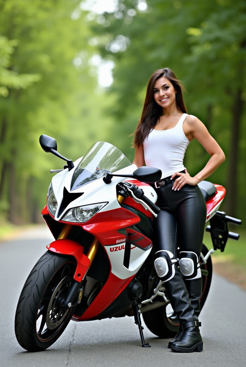 Woman with Suzuki sports motorcycle