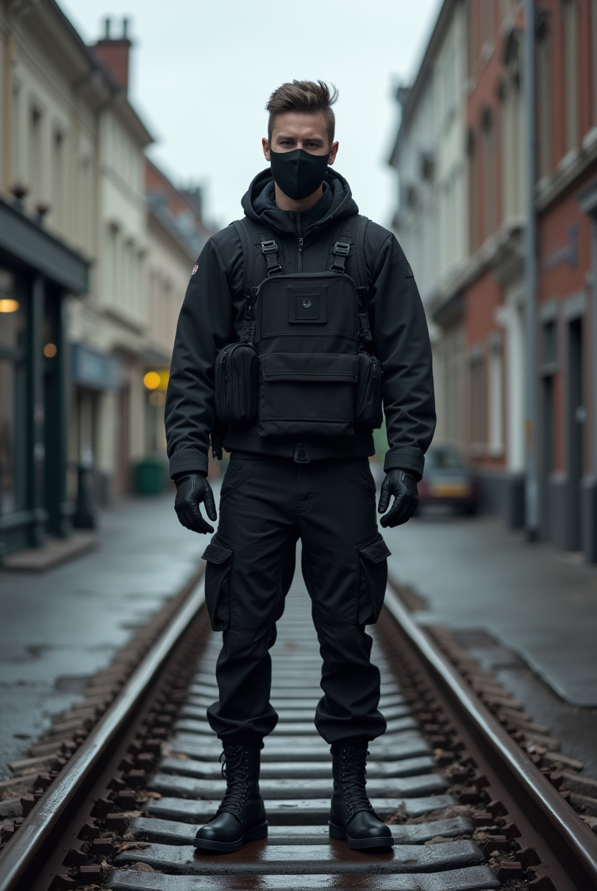 Pessoa em techwear nos trilhos de trem