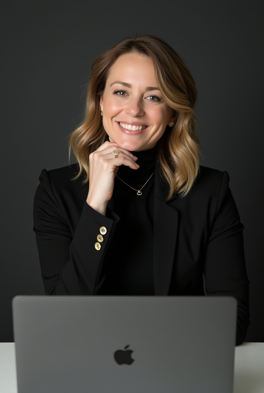 Woman in black blazer sitting in front of a laptop
