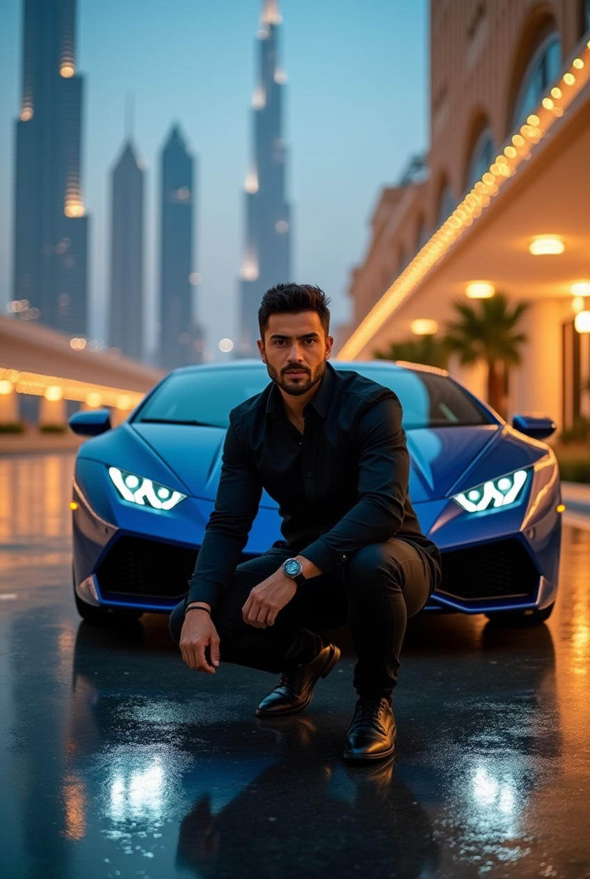 Homem agachado com Lamborghini Huracán azul em Dubai