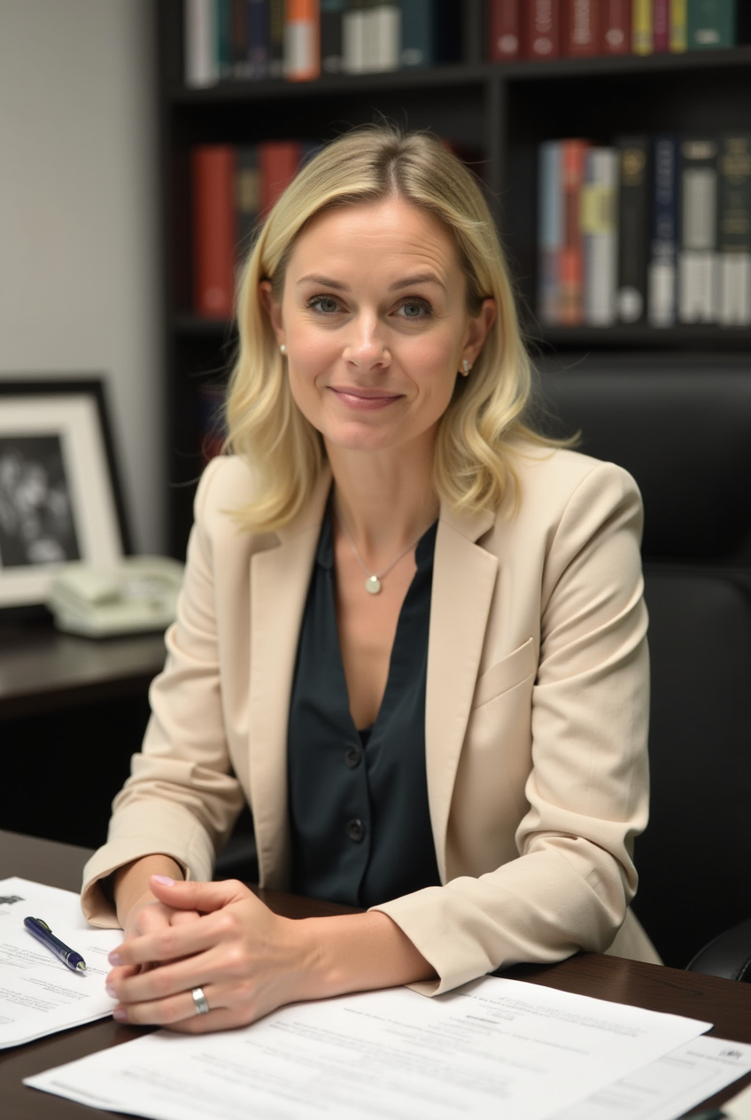Woman in office setting with beige blazer