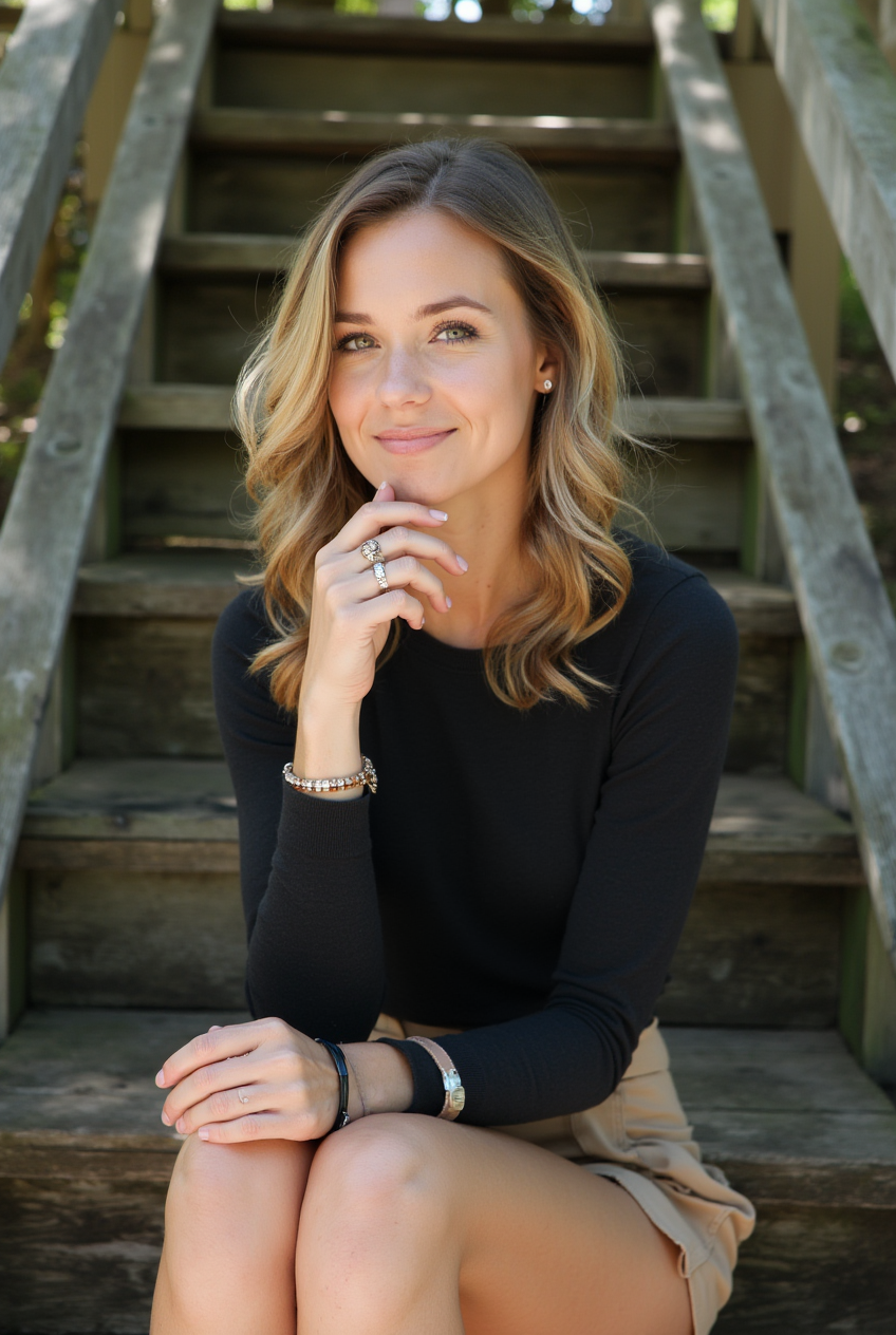 Woman sitting on wooden staircase in natural setting