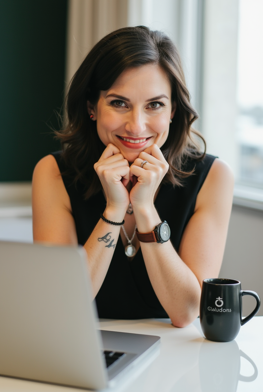 Woman in black dress sitting at a table with a laptop