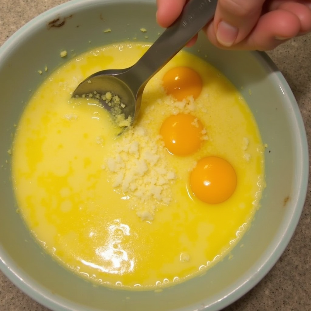 Mezclando almendra molida, azúcar, huevos y ralladura de limón para la masa de la Tarta de Santiago