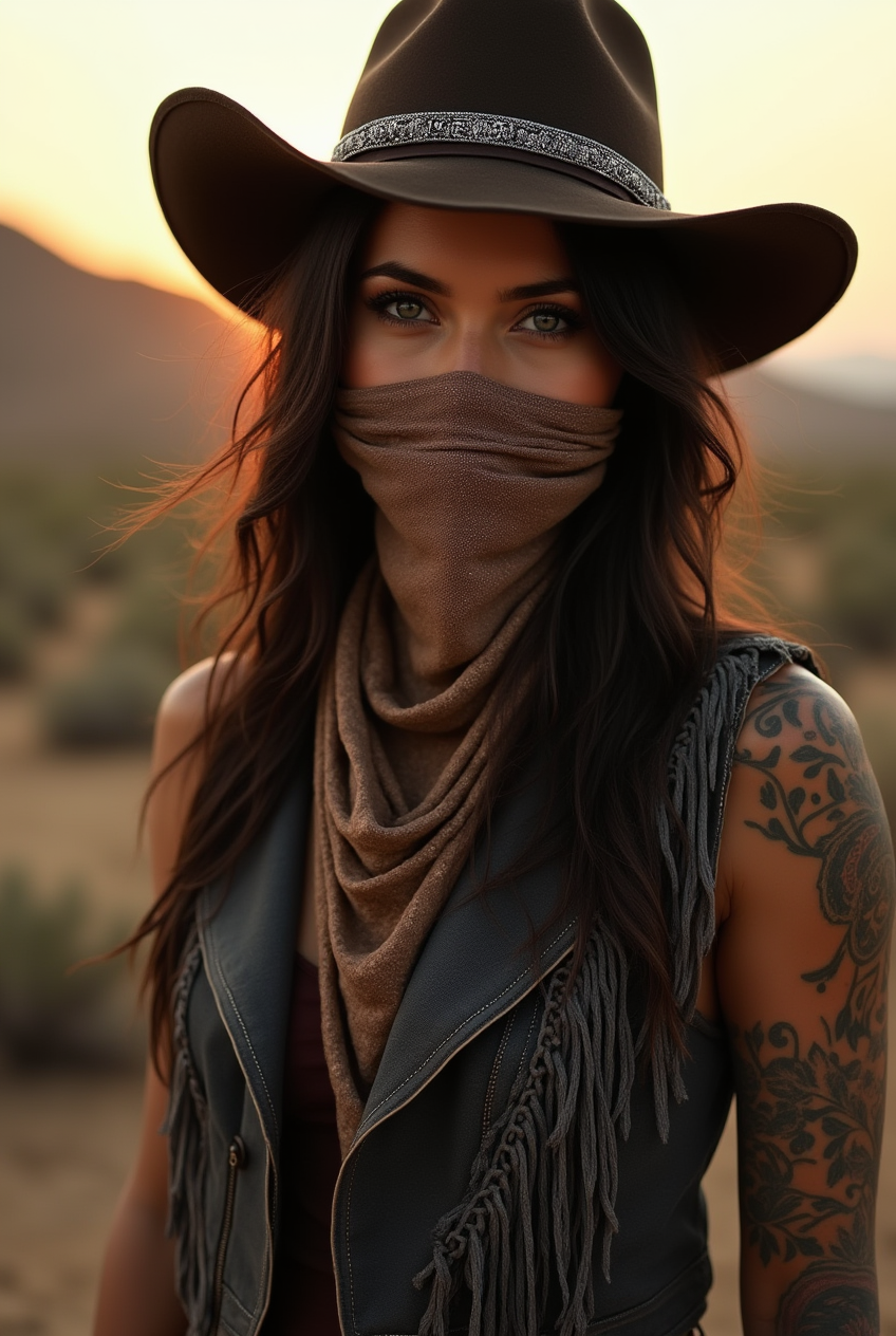 Woman with Western look in a desert field