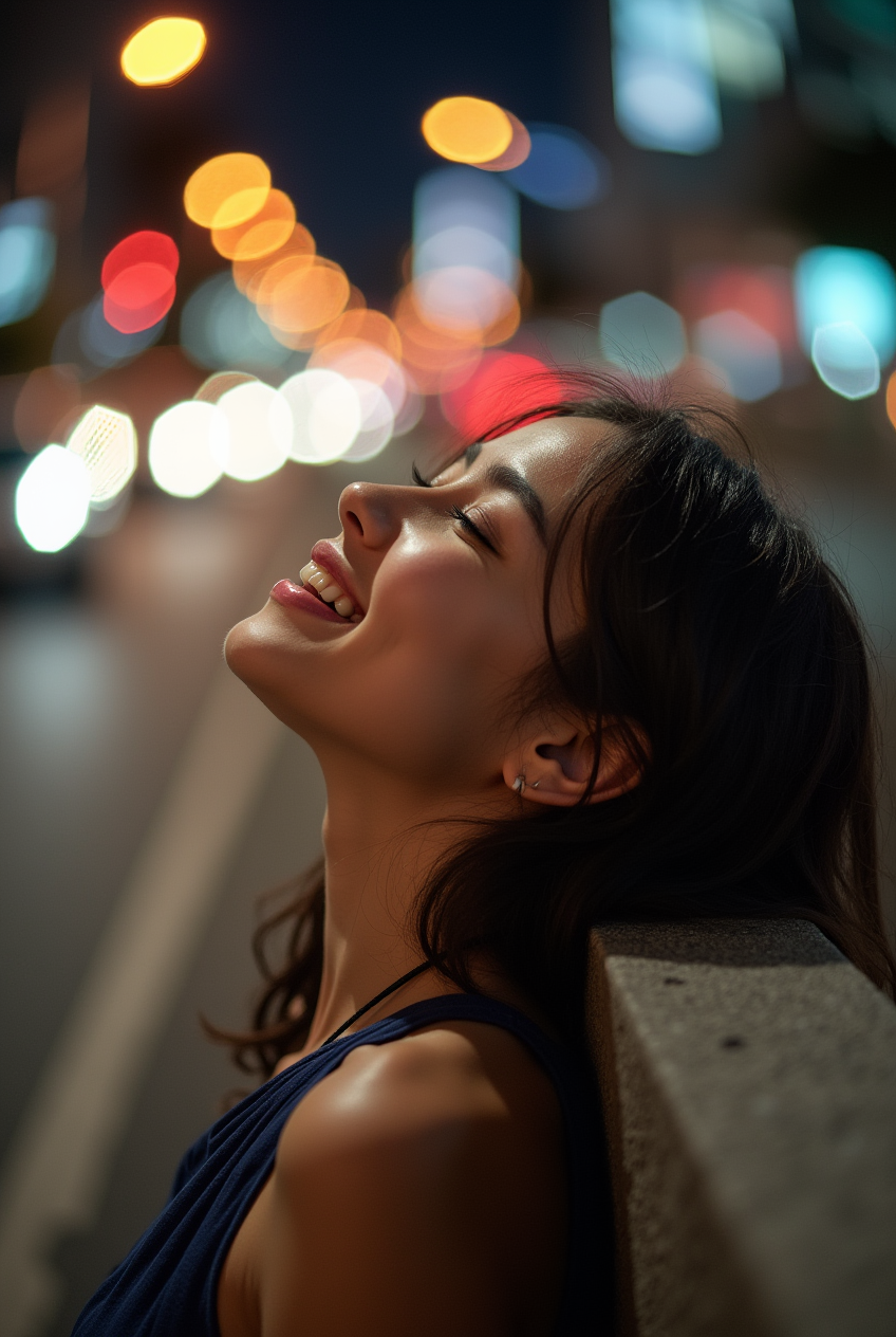 Young woman in urban setting with bokeh city lights