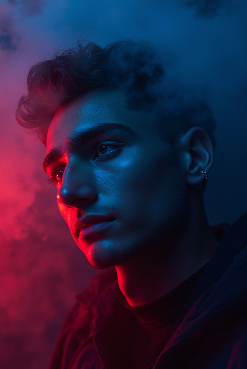 Retrato com luzes vibrantes azul e vermelho