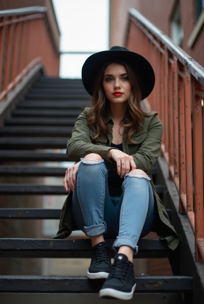 Young woman on an outdoor metal staircase