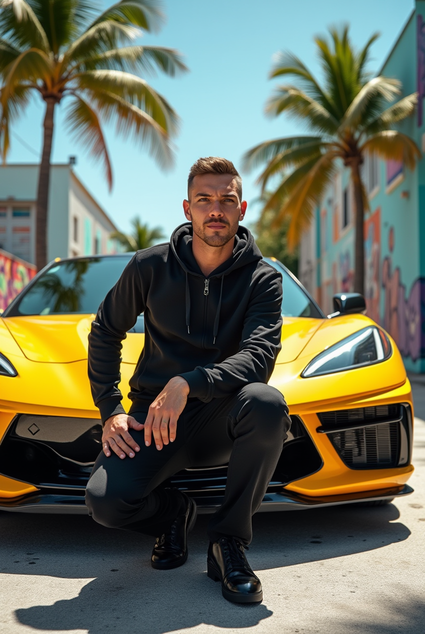 Homem agachado com Corvette amarelo em Miami