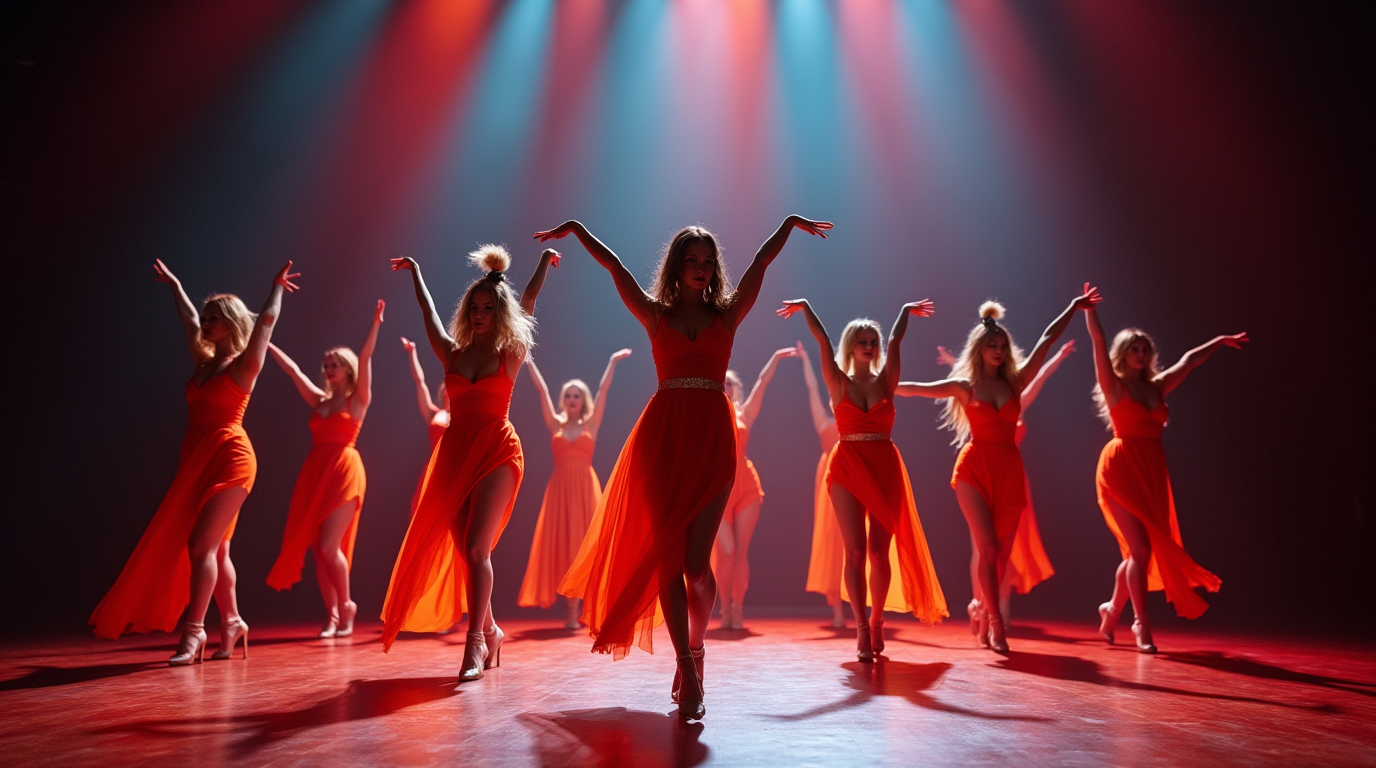 Choreography Group number: synchronised movements to a pop hit, bright costumes and a stage with spotlights.