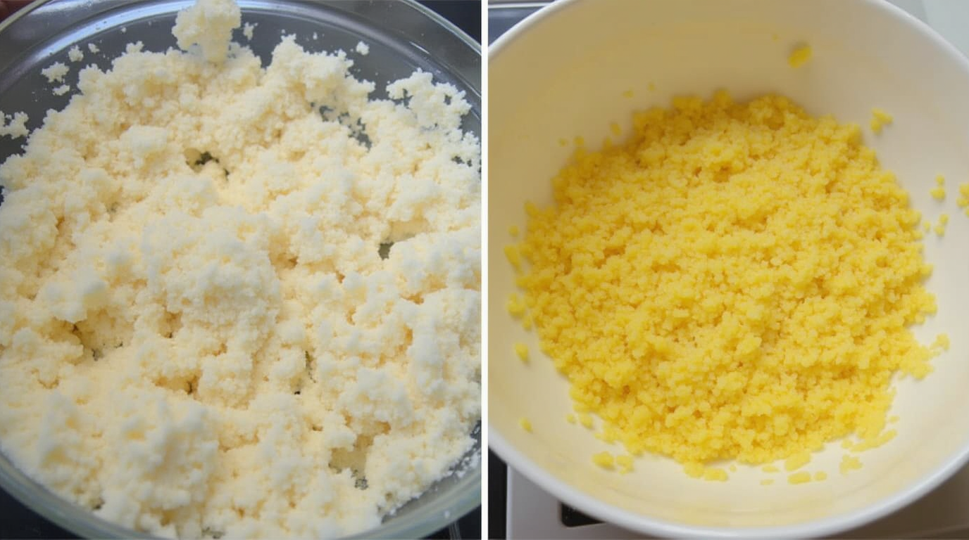 Preparando la cobertura crumble frotando mantequilla fría con harina y azúcar hasta obtener migas gruesas