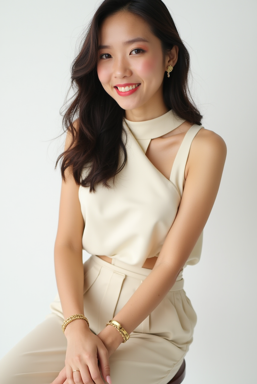 Woman in cream blouse sitting in a studio