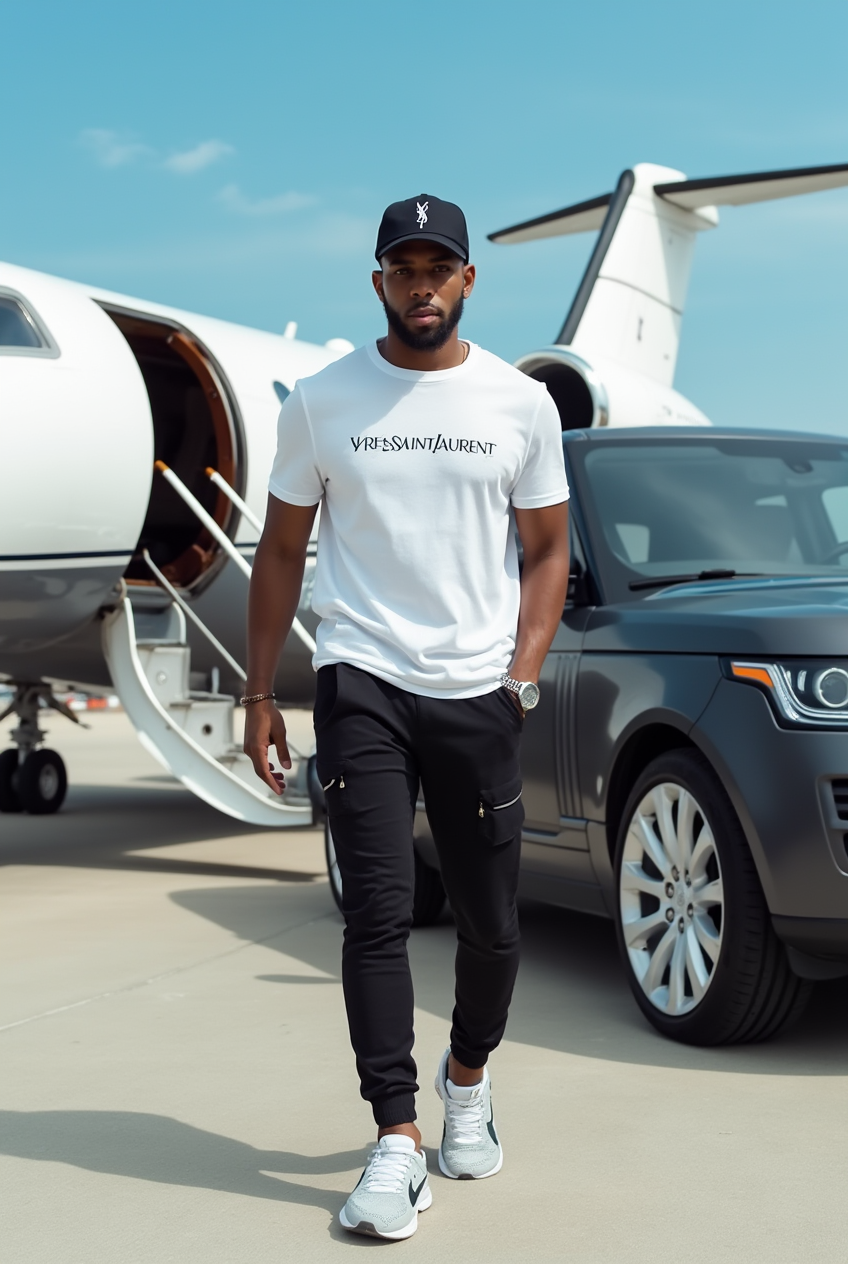 Homem com camiseta YSL, jato e Range Rover