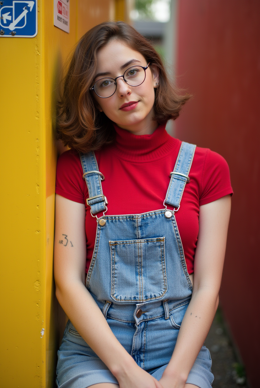 Young woman in urban setting against yellow structure