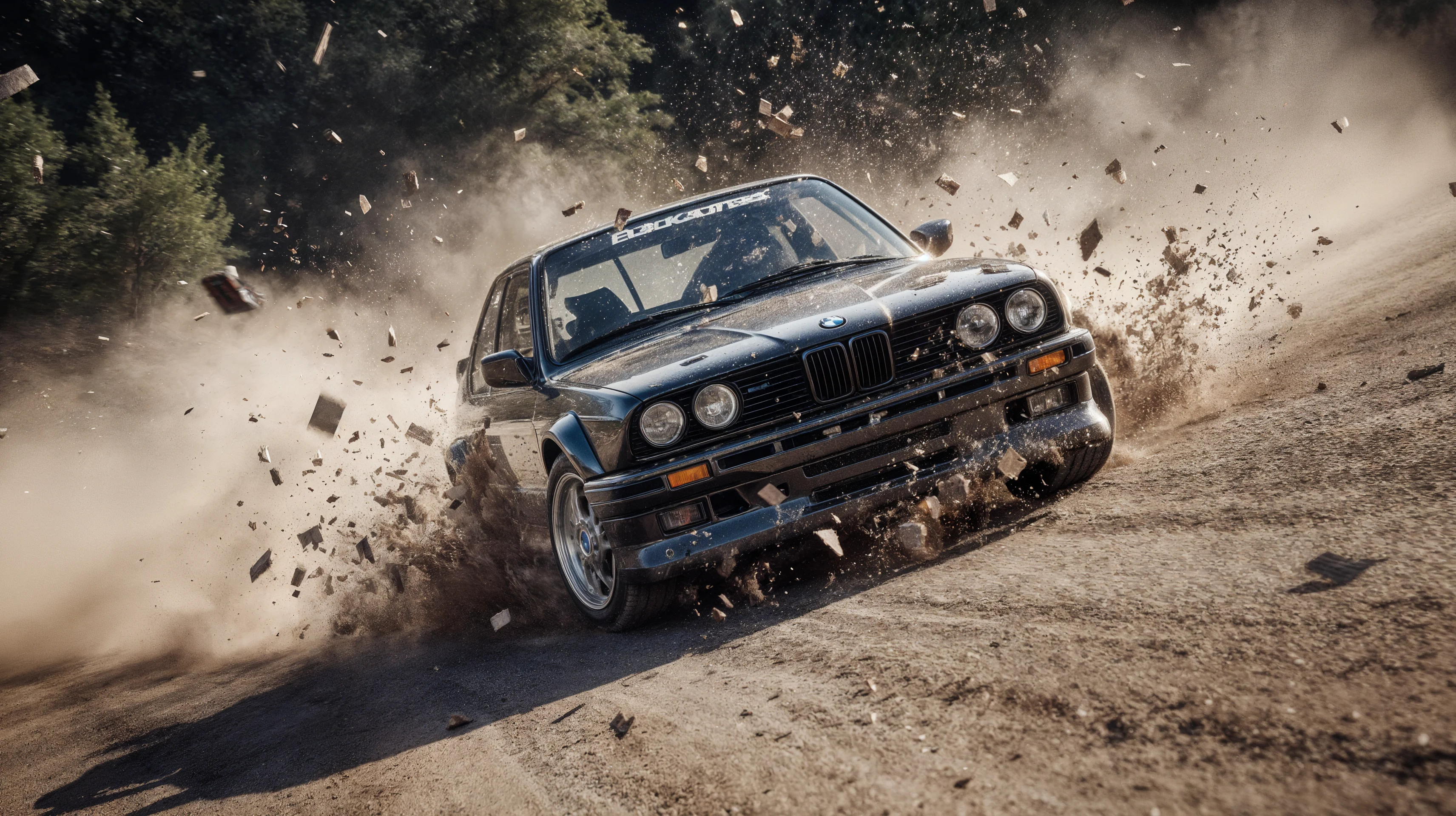 A BMW E30 drifting, debris flying, hyperrealistic, 8k, detailed ...