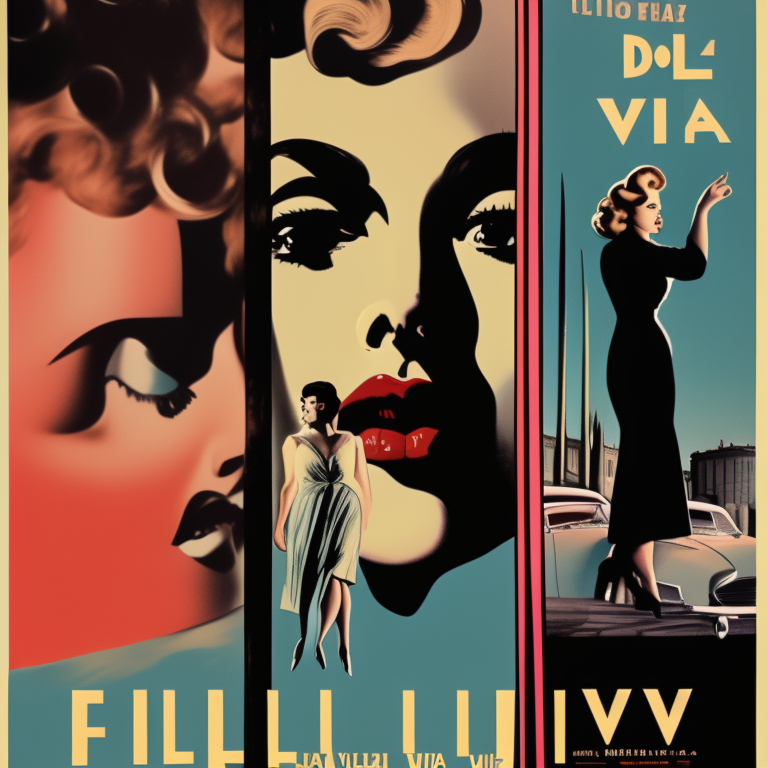 Graphic novel-style film poster of Fellini's 1960 "La Dolce Vita", in full color, with a 2:3 aspect ratio, nostalgic 35mm film aesthetic.