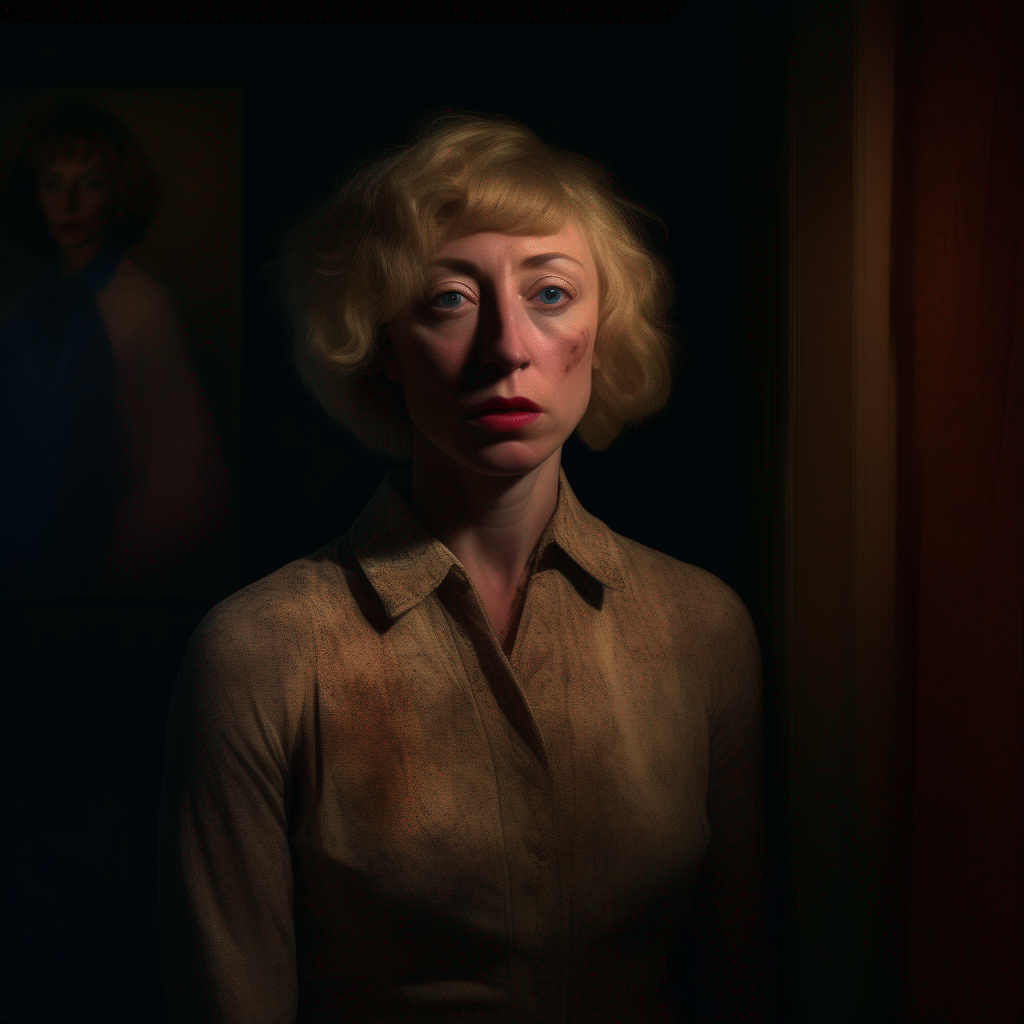 Cindy Sherman-inspired conceptual portrait capturing various identities and emotions, embracing the iconic style, intimate lighting, and thought-provoking compositions with a touch of mystery and introspection, (high detailed skin:1.2), 8k uhd, dslr, soft lighting, high quality, film grain, Fujifilm XT3