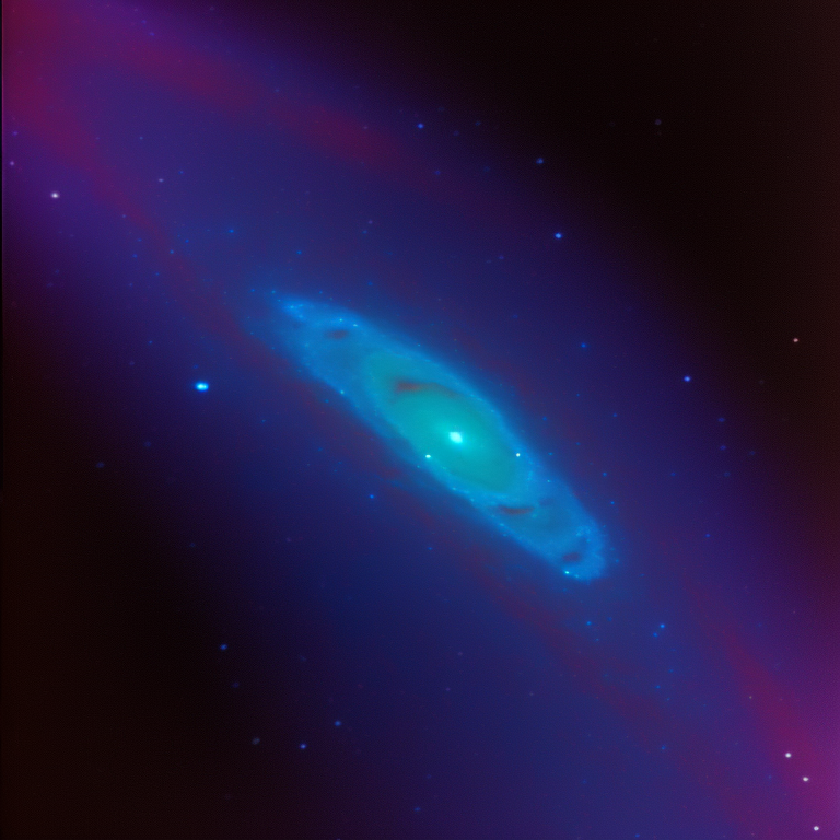 Thermal imaging photography of Andromeda galaxy using NASA Voyager satellite camera and Kodak 3200 style.