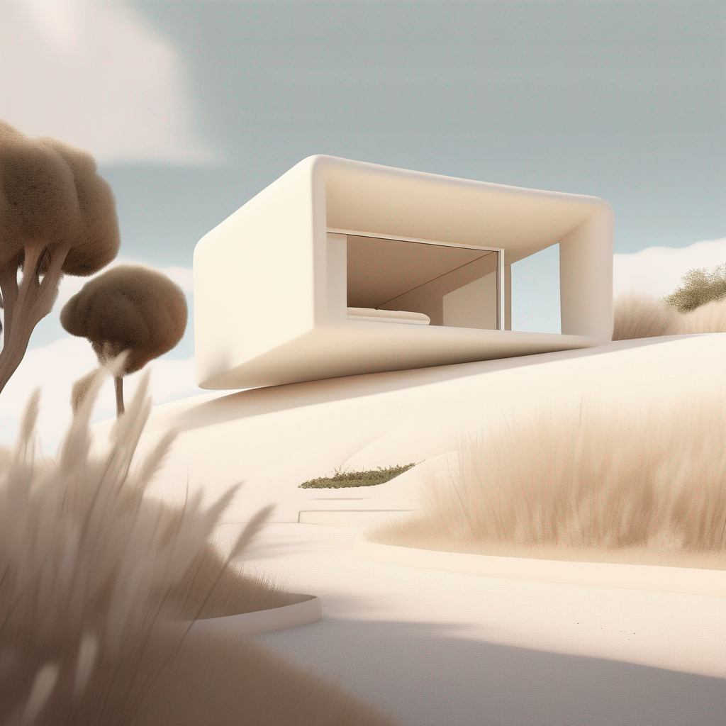 A detailed 3/4 view of a mediterranean landscape with white grass and a plush, beige conceptual house-turned-gallery, inspired by Anne Holtrop, Noguchi, and Norm Architects. Render it as an anime-style digital painting