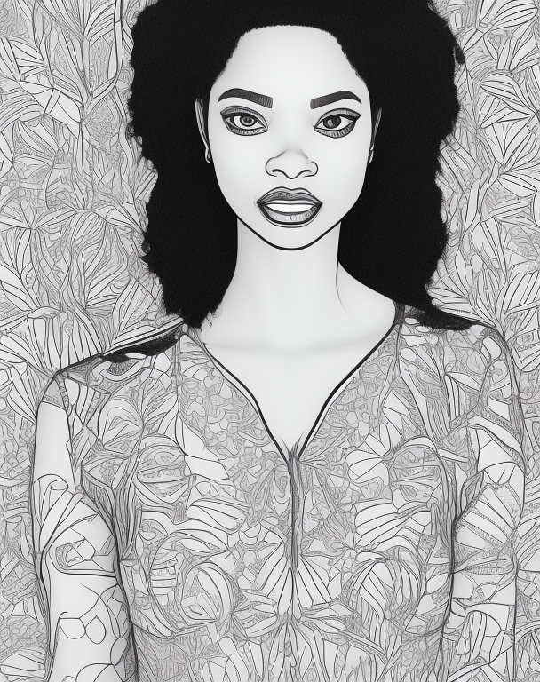 A coloring book page with a black woman in a Feminine style, coloring book page, black outline, realistic --ar 3:4 --v 5 