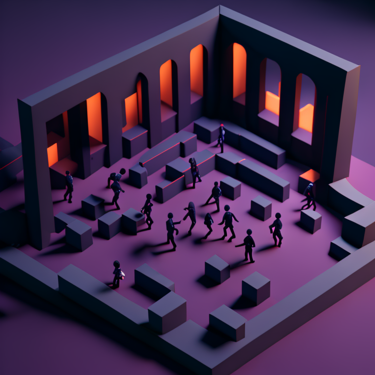 a 3d scene inner hall of a geometric dark disco with geometric textures full of people dance in it, like ricardo bofill architecture, minimalism matte dark colors japanese style with very simple people toys dancing in the dark 8k wide angle very sharp 24mm f11 isometric view hyperrealistic advertisement professional pic