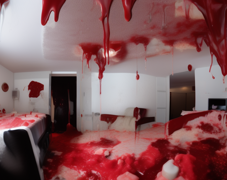 Modern condo bedroom dripping in blood from huge exploded wound hole on ceiling, huge chunks oc human organs, every surface is covered in blood, very large hanging intensines, blobs of yellow fat cells, torn muscle tissue, blood-covered bed, bloody man on bed, human guts on the bed, floor is flooded with pool of blood, modern condo, white walls, bright sunlight flaring in through the wide window, cinematic, ultra realistic, 8k, uhd, long lens, 50mm lens