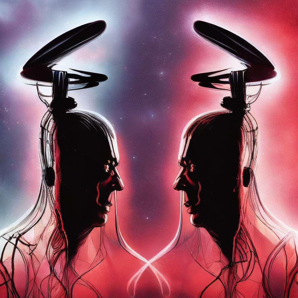 an futuristic metal album cover about a man with schysophrenia talking to a creepy transparent man he is hallucinating