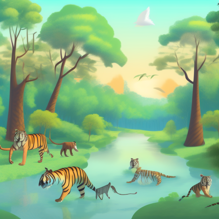 “A forrest with tall and green trees surrounded by wild animals such as tigers and monkeys, complemented by a river and a blue sky”.