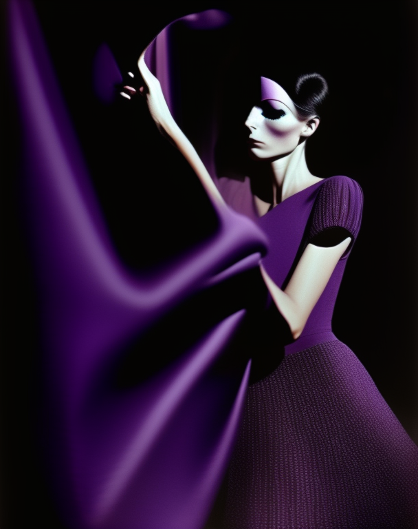 sharp focus,a woman bending in a photograph by guy bourdin 1908s fashion, , arm out, face hidden, sharp focus, lilac purple dress