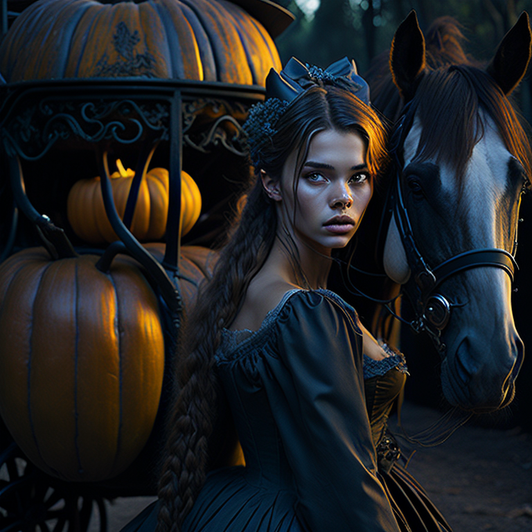 beautiful mystical digital photography a beautiful 19 year old cinderella, dxprecion innocent, kind and beautiful, standing in front of a pumpkin horse carriage by artgerm and arthur hughes