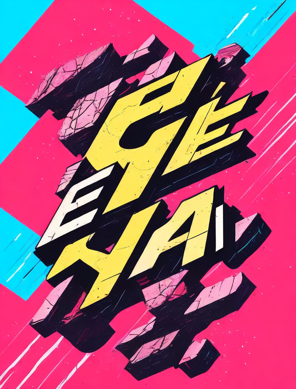 Create a typography composition using rock-like textures, cracks, and rough surfaces, employing the vibrant strokes and colors reminiscent of Akira's art style.