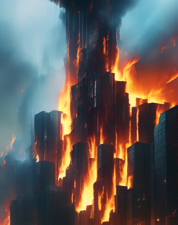 horizontal large line of fire flame burning cyberpunk building