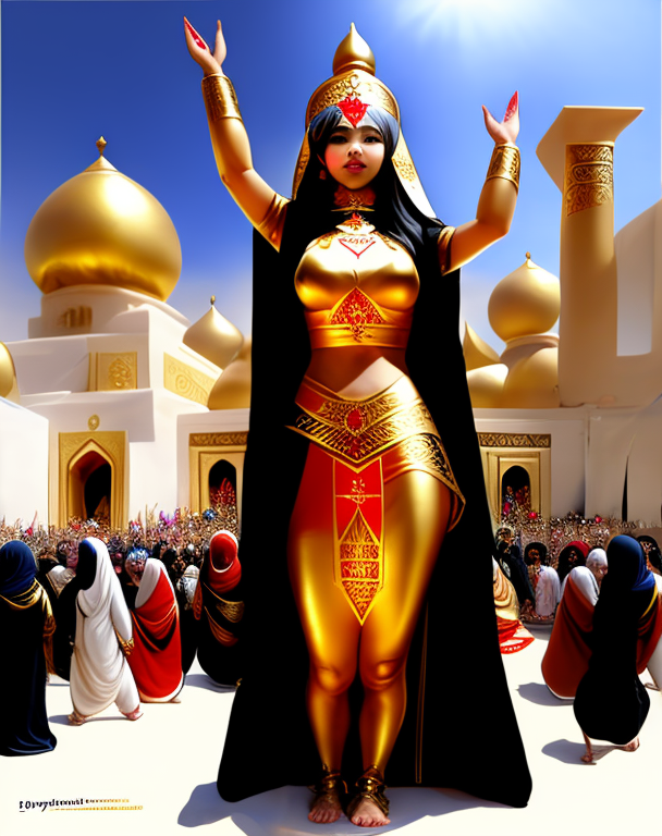 a masterpiece, hyperrealistic fantasy full body painting, 4:3 of a beatiful cute islamic persian, ,babylonian priestess with her hand up high to the sky, a crowd of people around her applauds and cheers , in the style of KILART(choe, heonhwa), trending on artstation. red and gold color scheme. Pyramids in the background full body shot