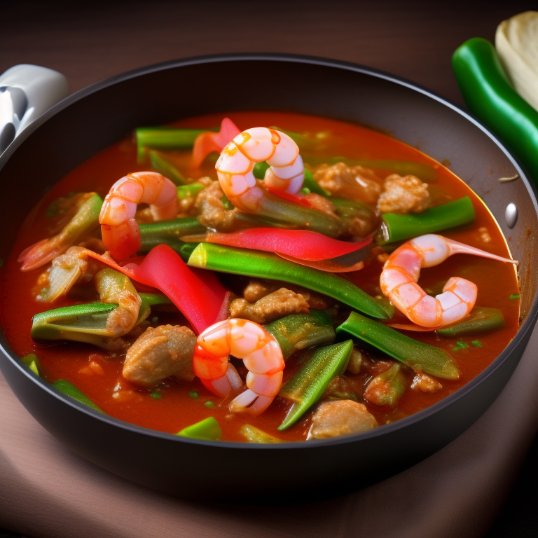 KREA AI cuting okra stew with chicken, sausage, shrimp and...