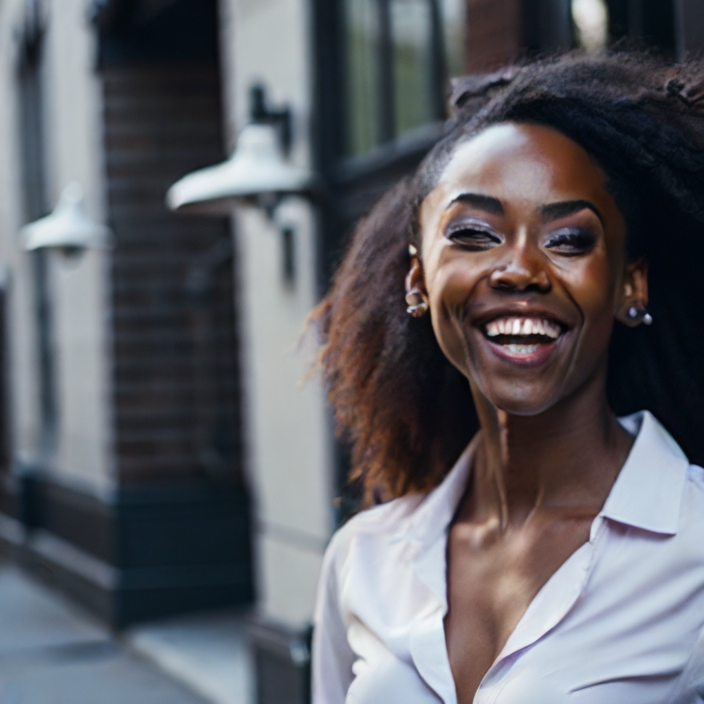 a happy white young woman on the street